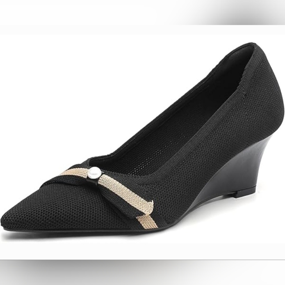 New Bella Women's Knit Elegant Black Wedge Shoes Pearl Decor Pointed Toe US 7.5